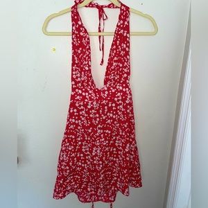 Shein red low cut floral dress